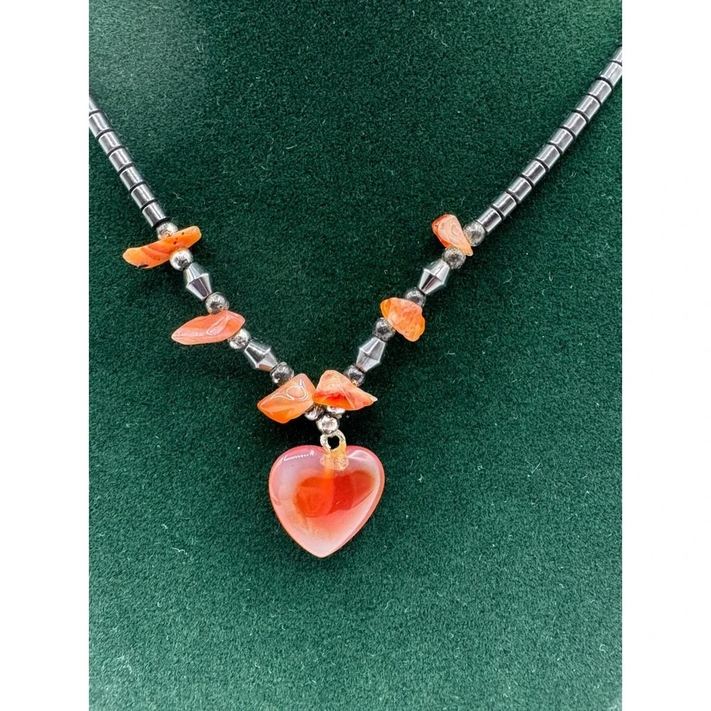 Vintage Carnelian Agate Heart Pendant Hematite Beaded Necklace Orange Gunmetal